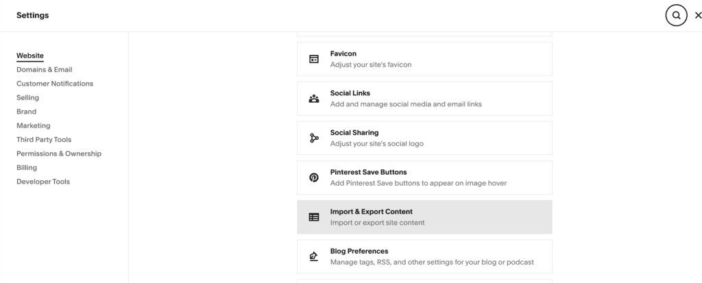 Export and Import content section squarespace